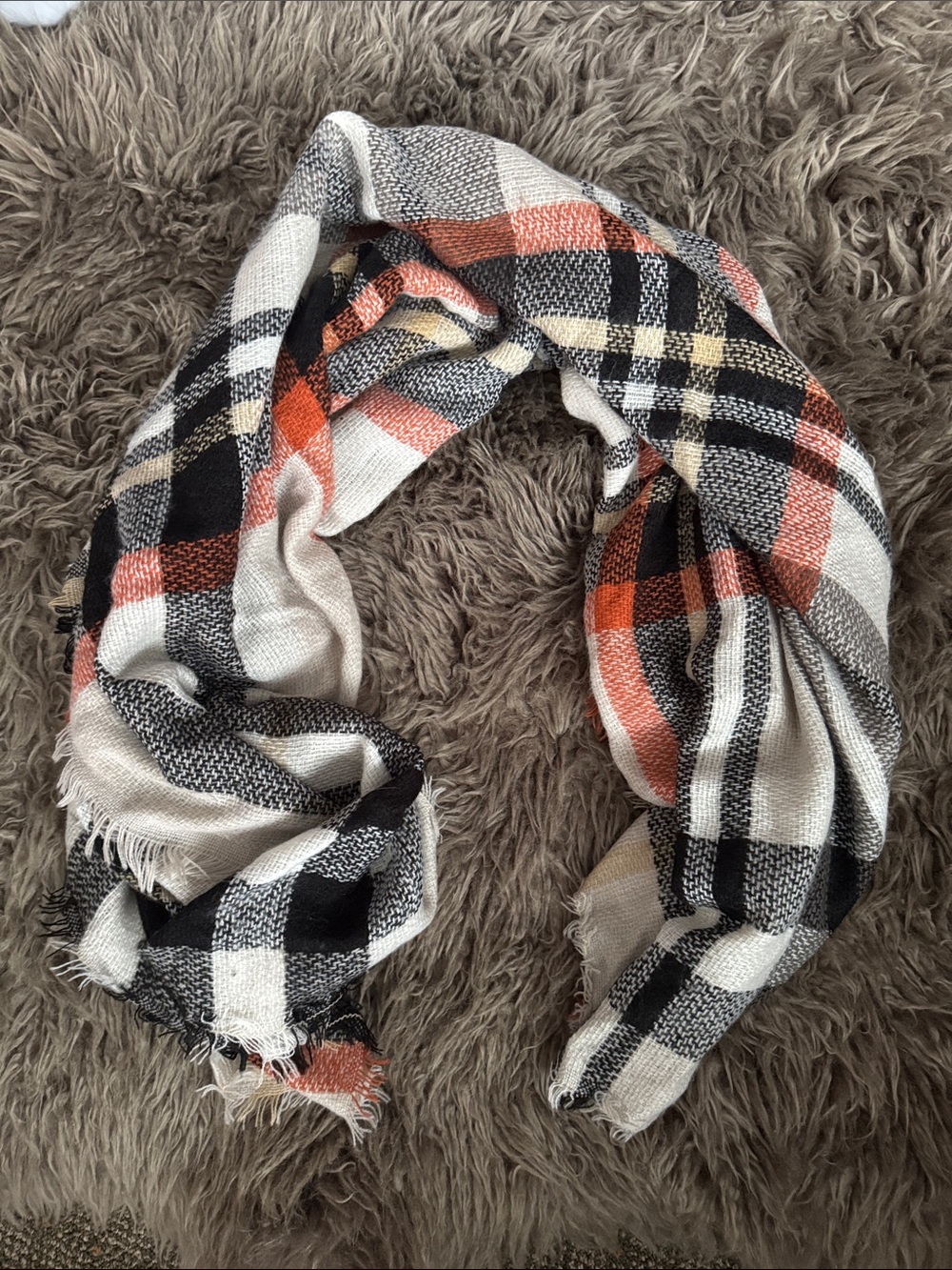 Cozy Plaid Fringe Scarf in Black, Cream & Orange